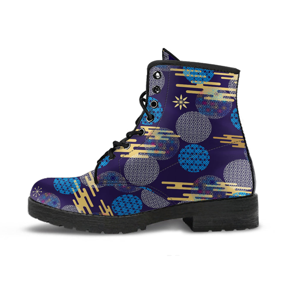 Blue Japanese Pattern Cloud Wave Flower Leather Boots