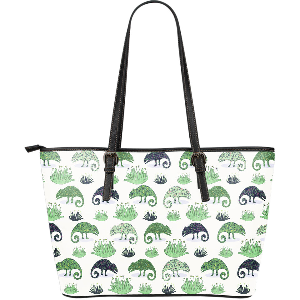 Chameleon Lizard Succulent Plant Pattern Large Leather Tote Bag