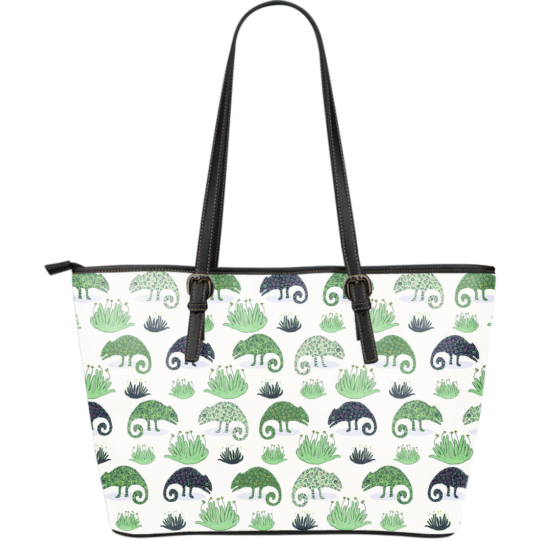 Chameleon Lizard Succulent Plant Pattern Large Leather Tote Bag