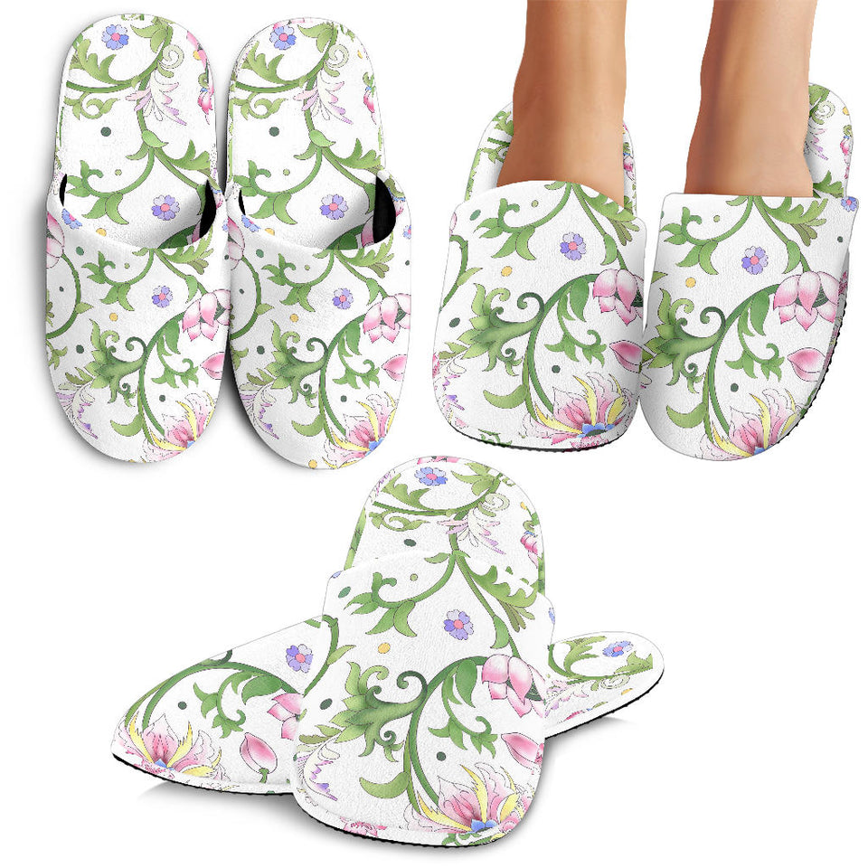 Beautiful Pink Lotus Waterlily Leaves Pattern Slippers