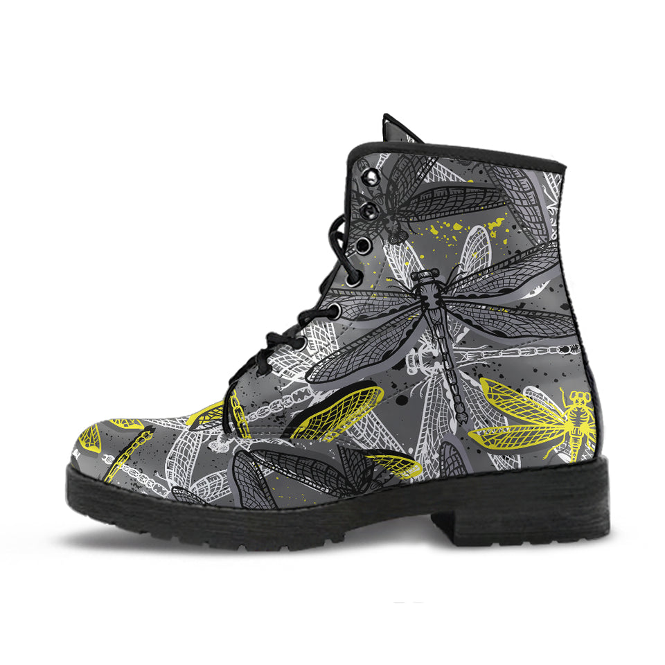 Hand Drawn Dragonfly Pattern Leather Boots