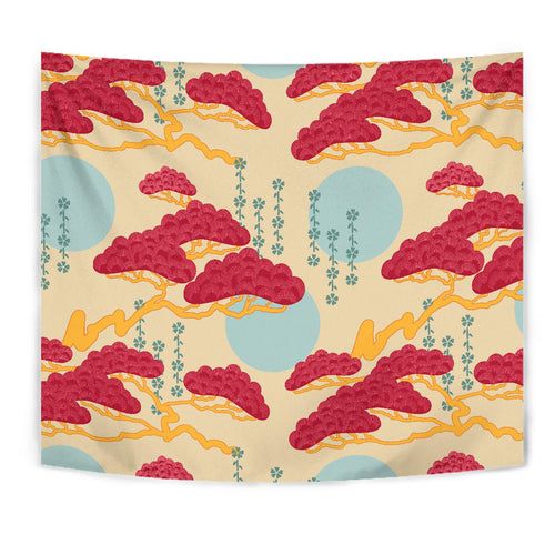 Red Bonsai Gray Sun Japanese Pattern Wall Tapestry