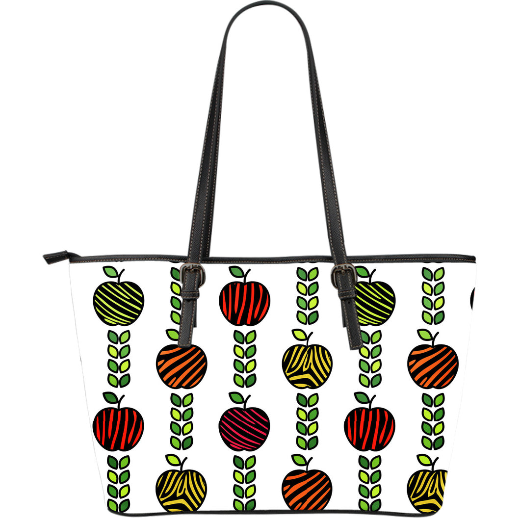 Colorful Apples Leave Zebra Stripe Large Leather Tote Bag