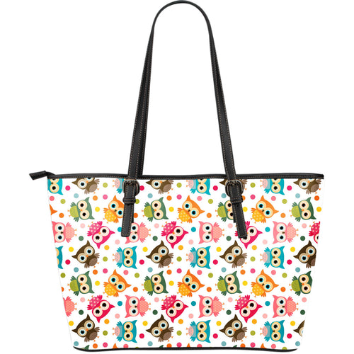 Color Cute Owl Pattern Large Leather Tote Bag