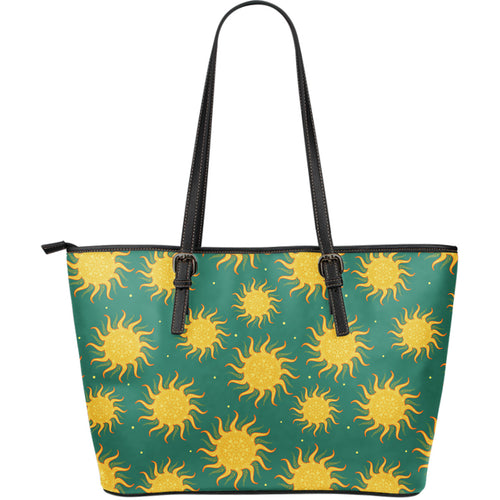 Sun Green Background Large Leather Tote Bag