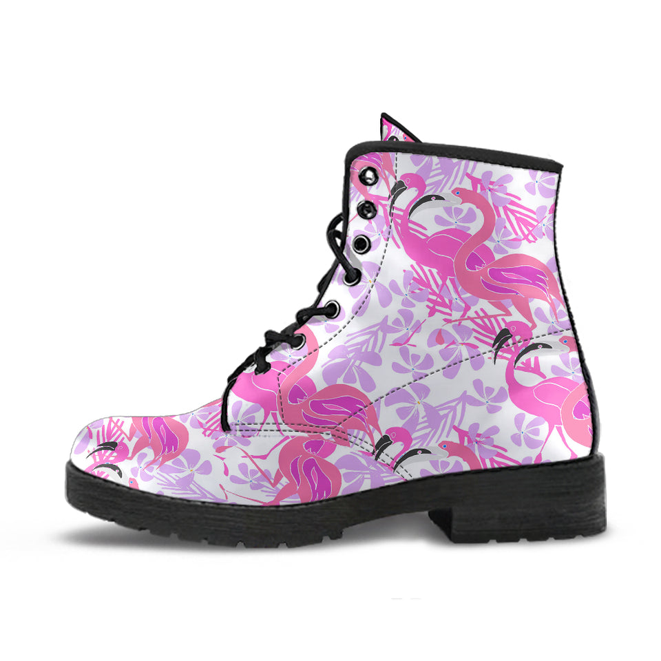 Pink Flamingo Flower Pattern Leather Boots