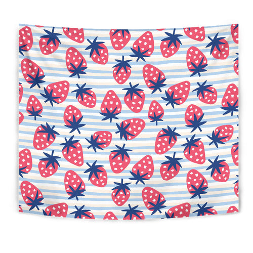 Strawberry Pattern Blue Lines Background Wall Tapestry
