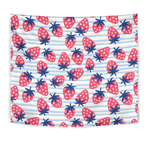 Strawberry Pattern Blue Lines Background Wall Tapestry