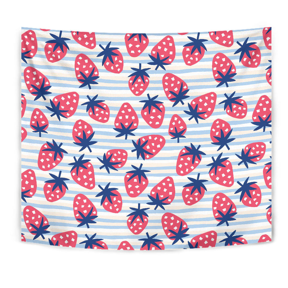 Strawberry Pattern Blue Lines Background Wall Tapestry