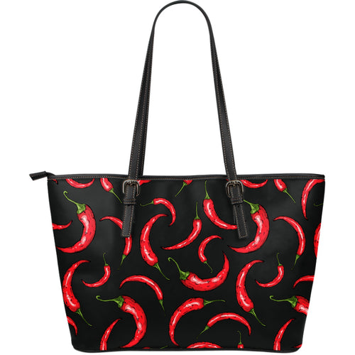 Chili Peppers Pattern Black Background Large Leather Tote Bag
