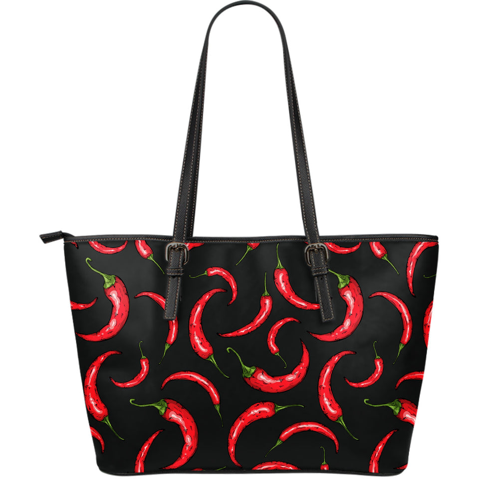 Chili Peppers Pattern Black Background Large Leather Tote Bag