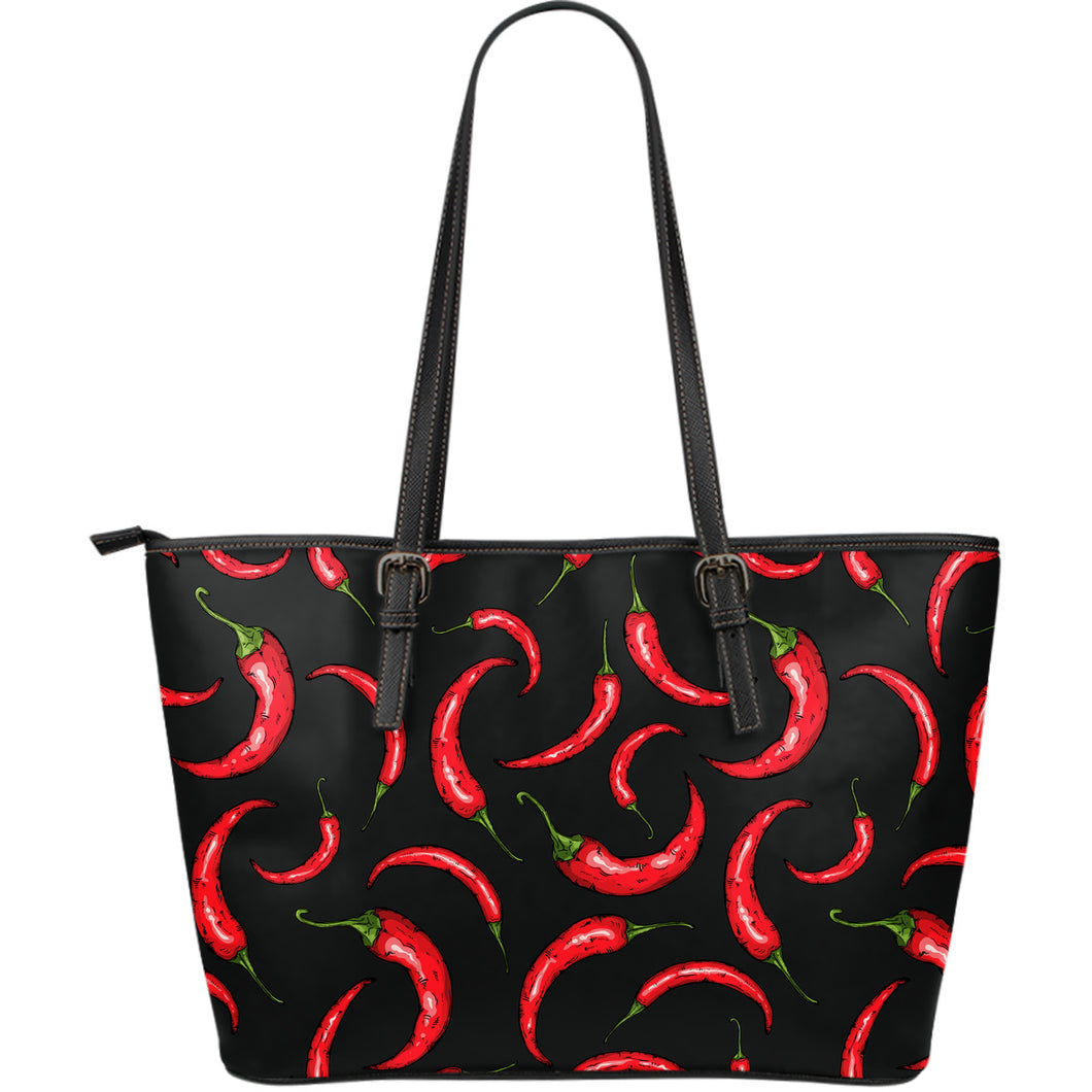 Chili Peppers Pattern Black Background Large Leather Tote Bag