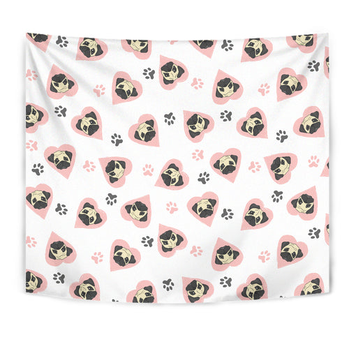 Cute Pugs Pink Heart Paw Pattern Wall Tapestry