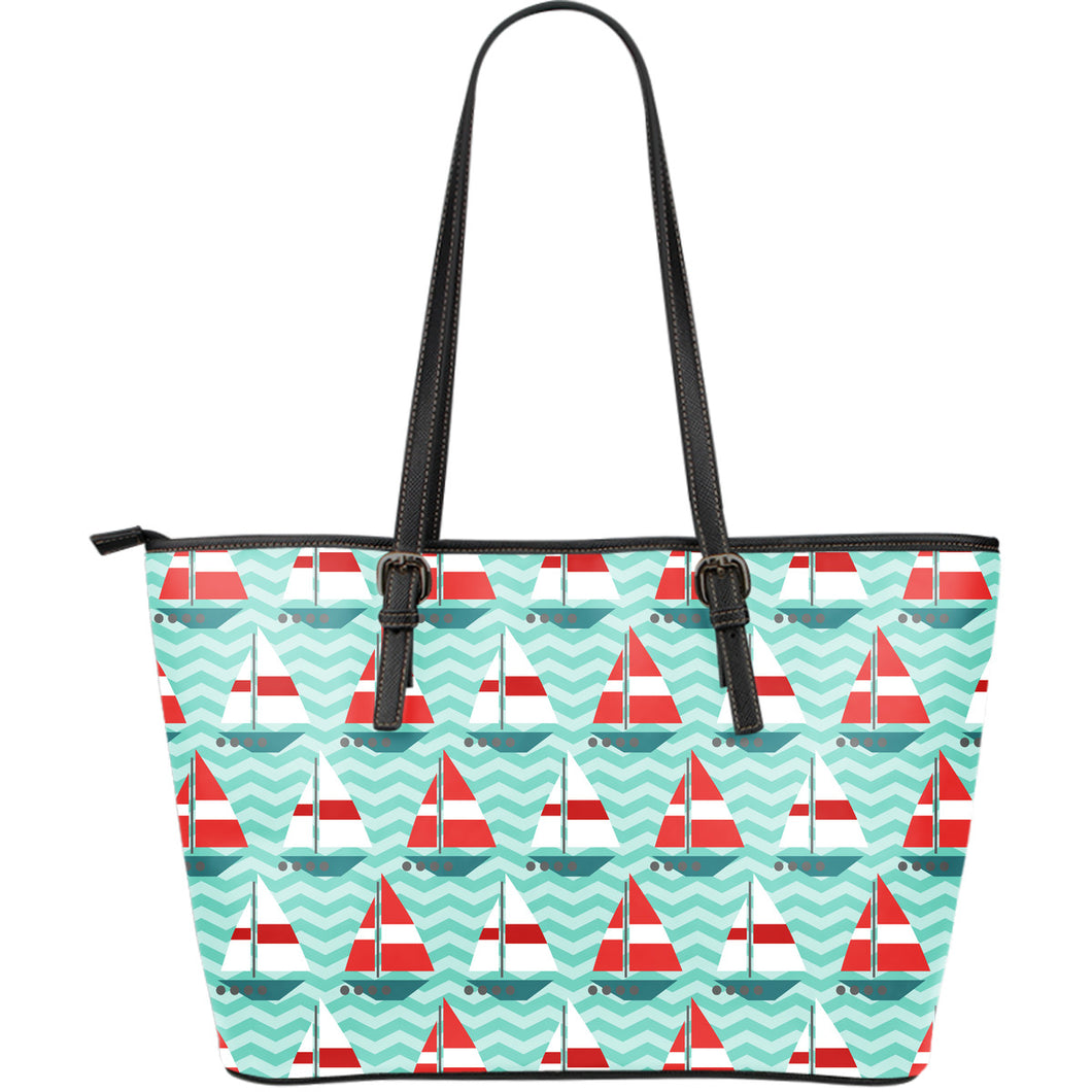 Red White Sailboat Wave Background Large Leather Tote Bag