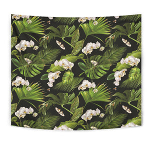 White Orchid Flower Tropical Leaves Pattern Blackground Wall Tapestry