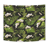 White Orchid Flower Tropical Leaves Pattern Blackground Wall Tapestry