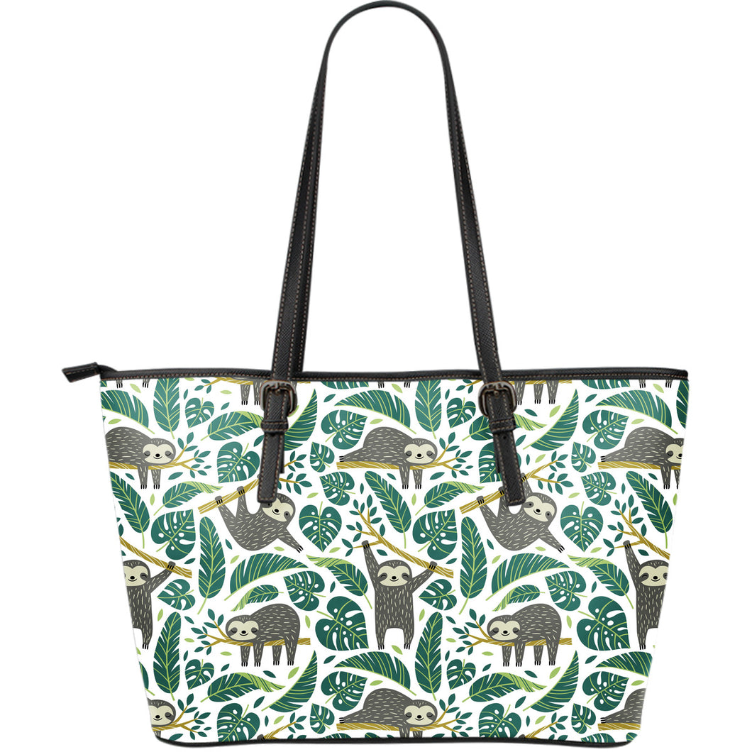 Cute Sloths Tropical Palm Leaves White Background Large Leather Tote Bag