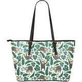 Cute Sloths Tropical Palm Leaves White Background Large Leather Tote Bag