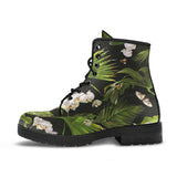 White Orchid Flower Tropical Leaves Pattern Blackground Leather Boots
