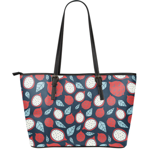 Dragon Fruits Dark Blue Background Large Leather Tote Bag