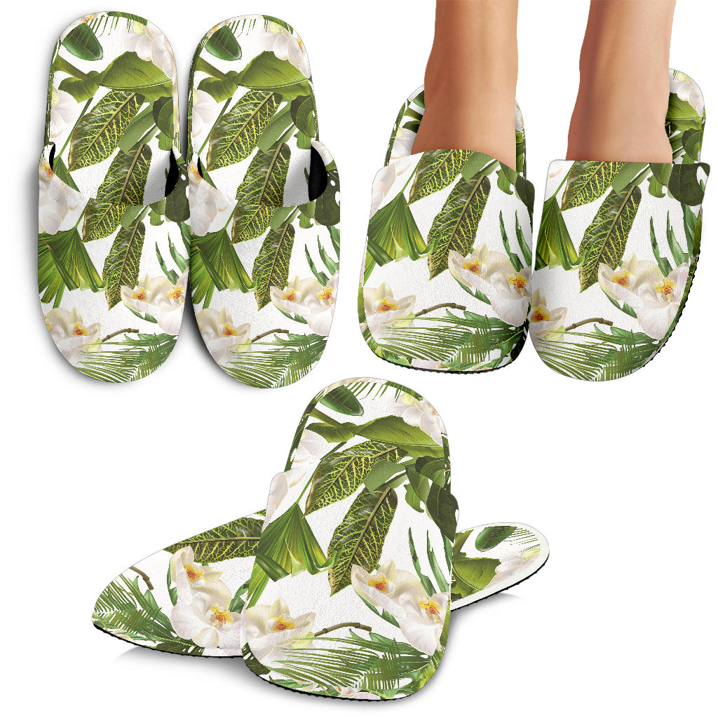 White Orchid Flower Tropical Leaves Pattern Slippers
