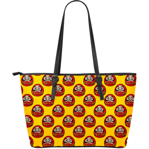 Daruma Japanese Wooden Doll Yellow Background Large Leather Tote Bag