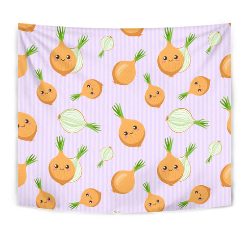 Cute Onions Smiling Faces Purple Background Wall Tapestry