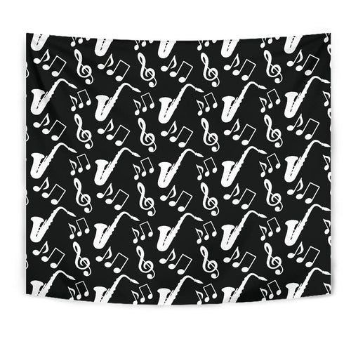 Saxophone Music Notes Treble Clef Black White Theme Wall Tapestry