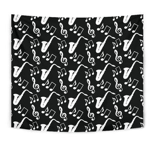 Saxophone Music Notes Treble Clef Black White Theme Wall Tapestry