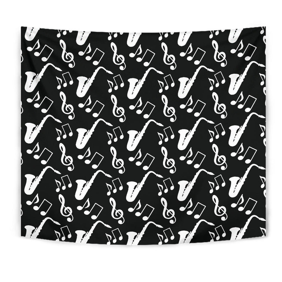 Saxophone Music Notes Treble Clef Black White Theme Wall Tapestry