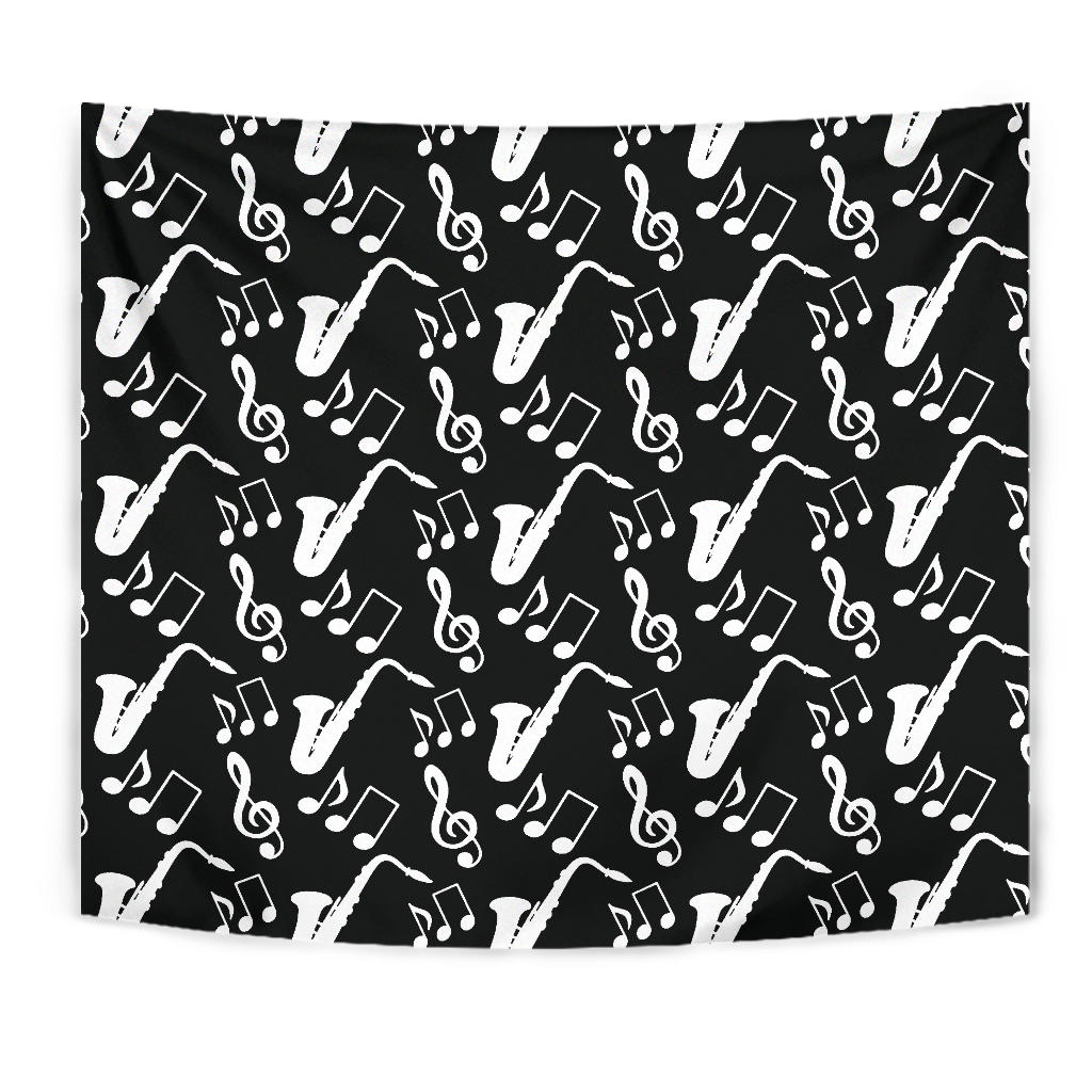 Saxophone Music Notes Treble Clef Black White Theme Wall Tapestry