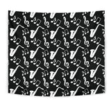Saxophone Music Notes Treble Clef Black White Theme Wall Tapestry