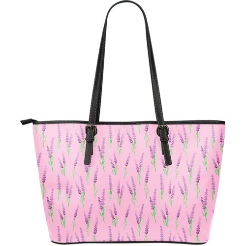 Lavender Pattern Pink Background Large Leather Tote Bag