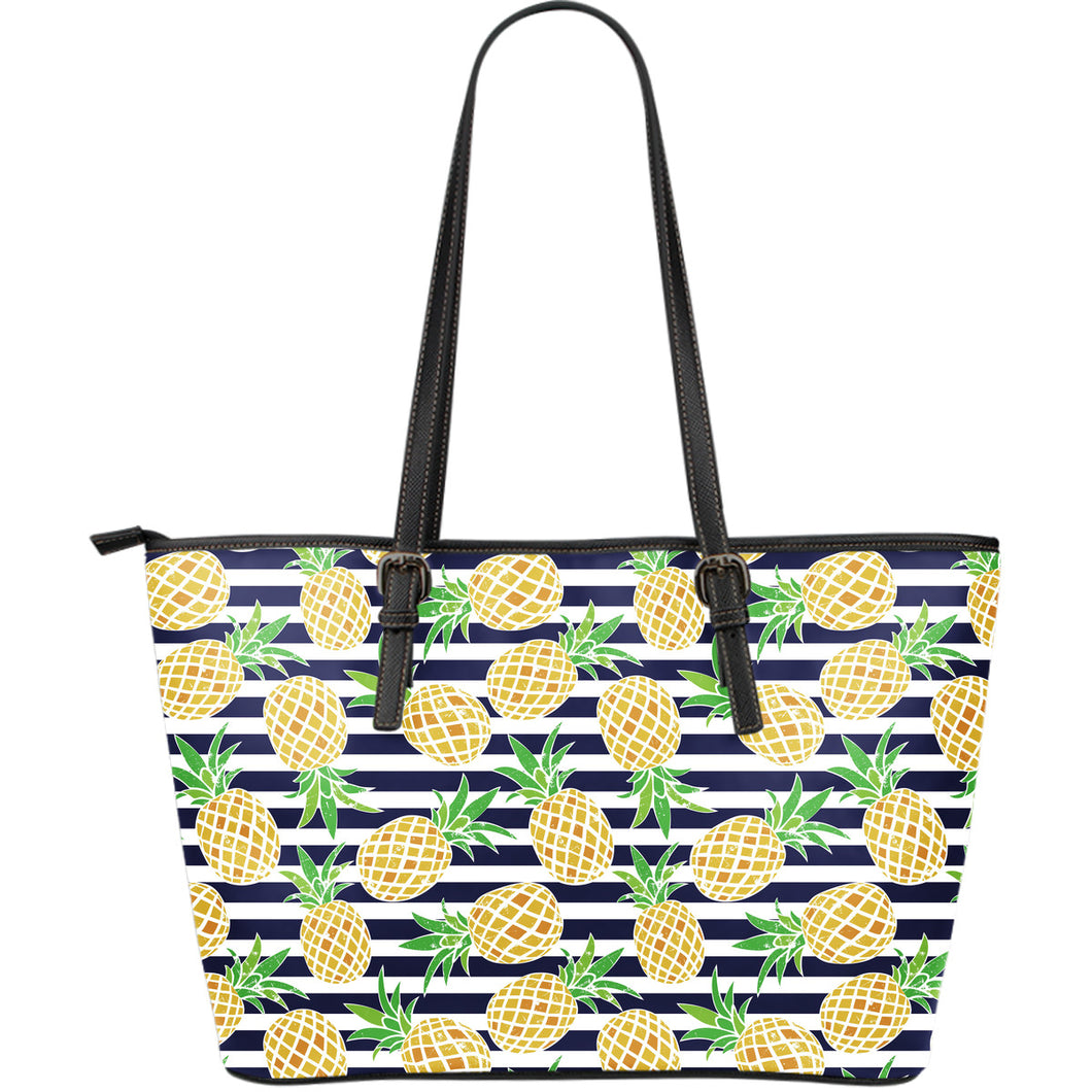 Pineapples Pattern Striped Background Large Leather Tote Bag