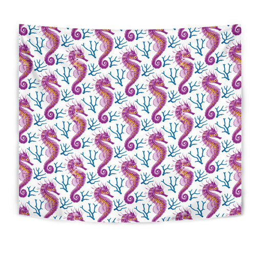 Purple Seahorse Blue Coral Pattern Wall Tapestry