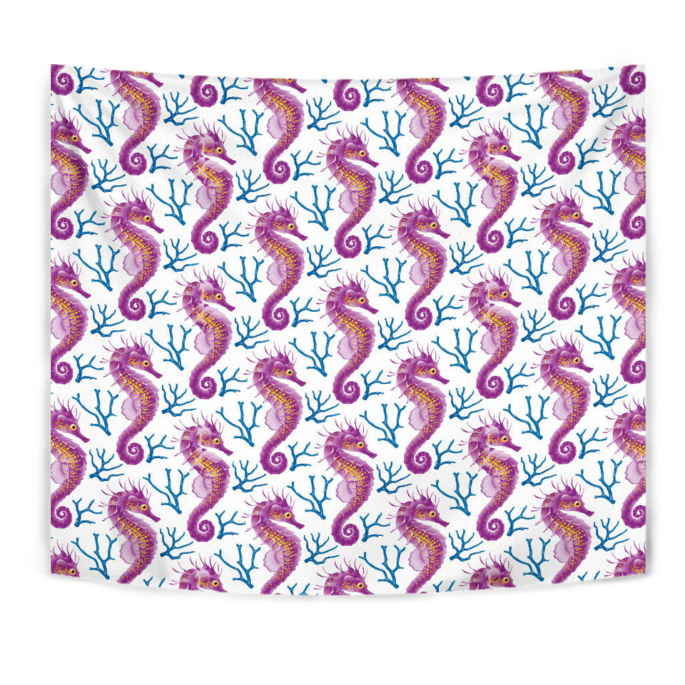 Purple Seahorse Blue Coral Pattern Wall Tapestry