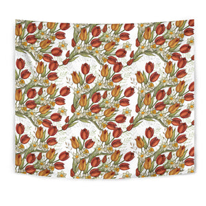 Red Tulips And Daffodils Pattern Wall Tapestry