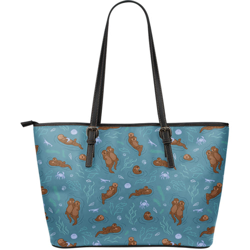 Sea Otters Pattern Large Leather Tote Bag