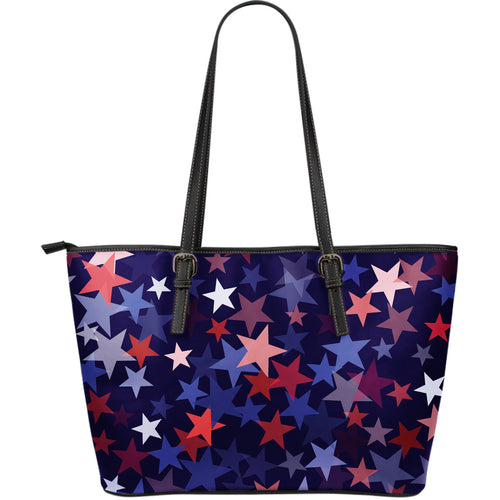 Red Blue Star Pattern Large Leather Tote Bag