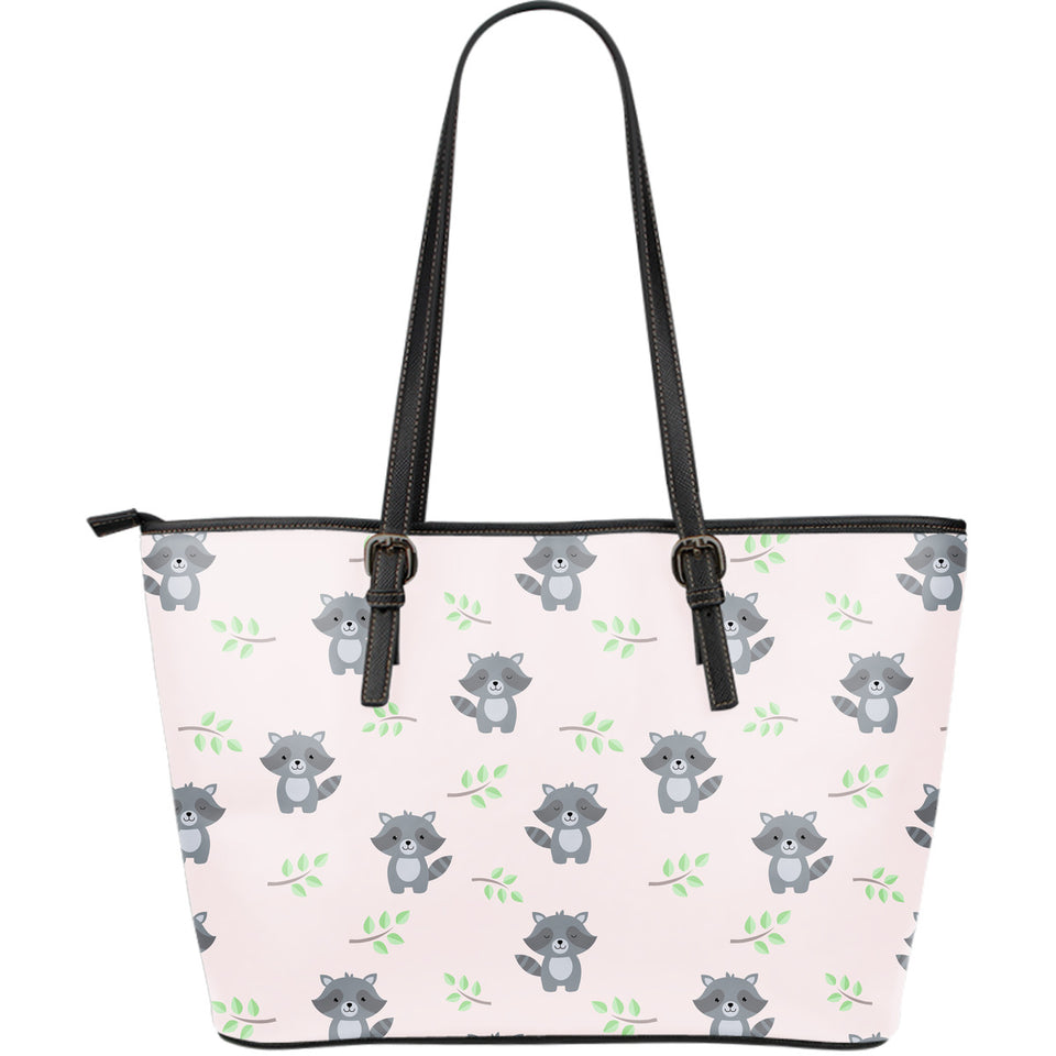 Cute Raccoons Leaves Pattern Large Leather Tote Bag
