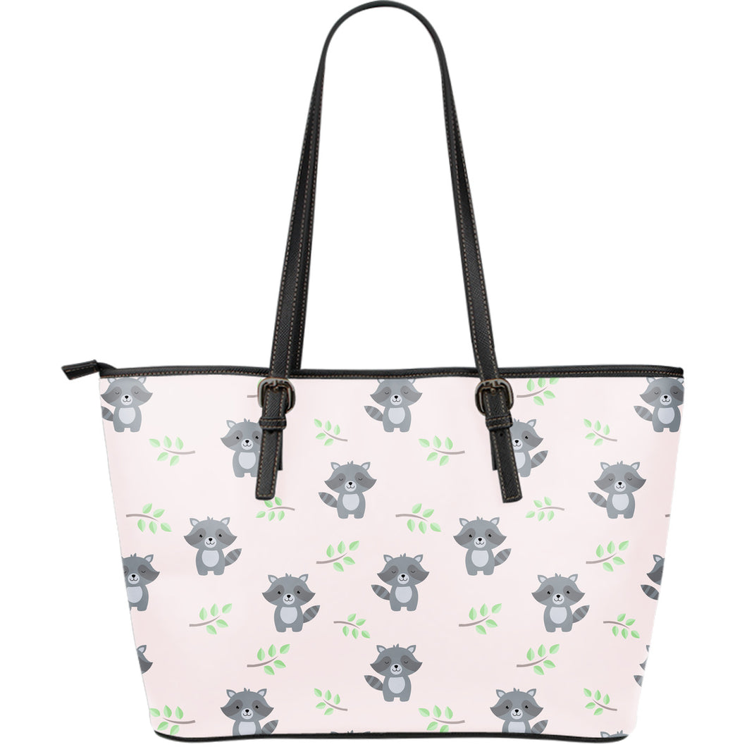Cute Raccoons Leaves Pattern Large Leather Tote Bag