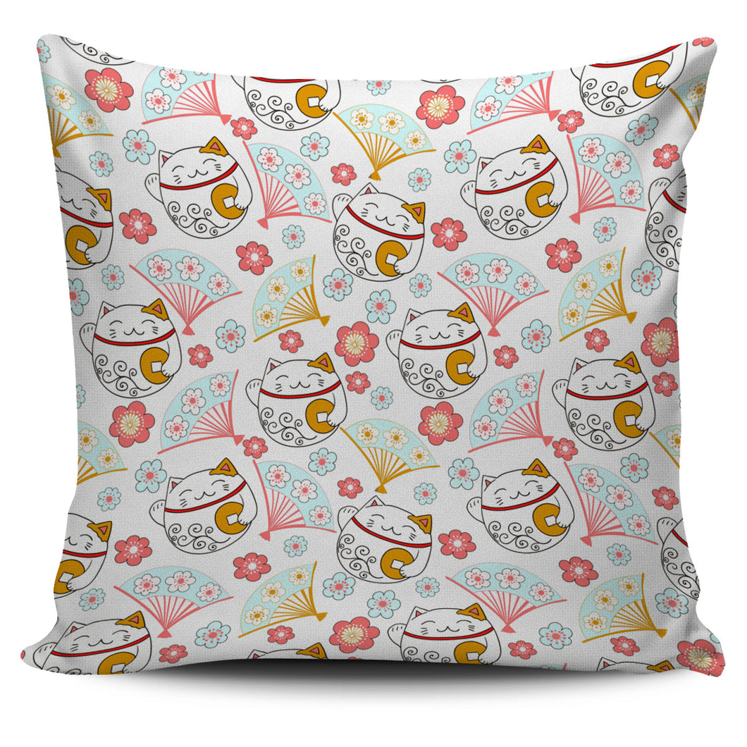 Maneki Neko Lucky Cat Fan Sakura Pillow Cover