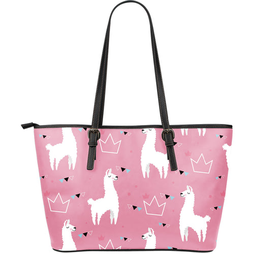 Llama Alpaca Pink Background Large Leather Tote Bag