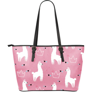 Llama Alpaca Pink Background Large Leather Tote Bag