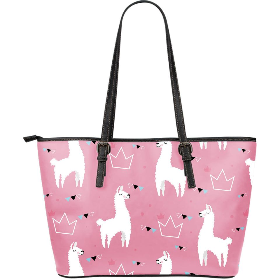 Llama Alpaca Pink Background Large Leather Tote Bag