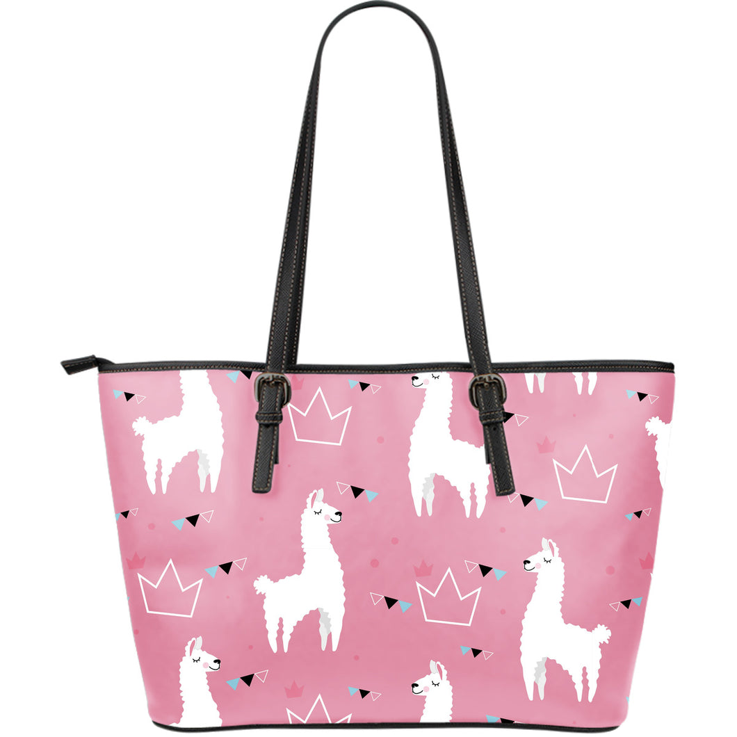 Llama Alpaca Pink Background Large Leather Tote Bag