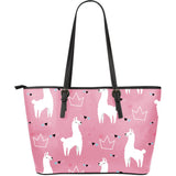 Llama Alpaca Pink Background Large Leather Tote Bag