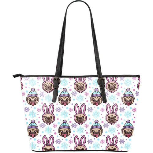 Cute Pug Hat Rabbit Costume Pattern Large Leather Tote Bag
