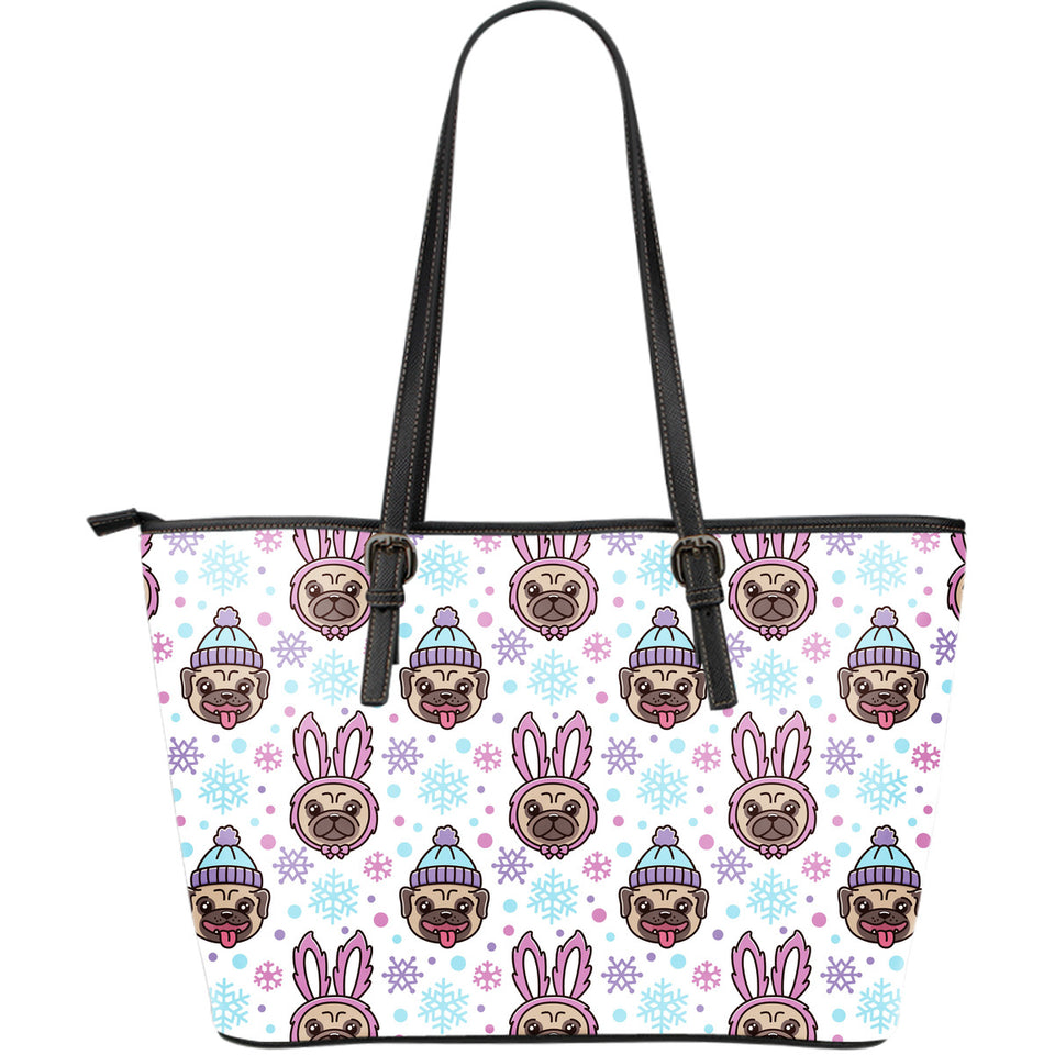 Cute Pug Hat Rabbit Costume Pattern Large Leather Tote Bag