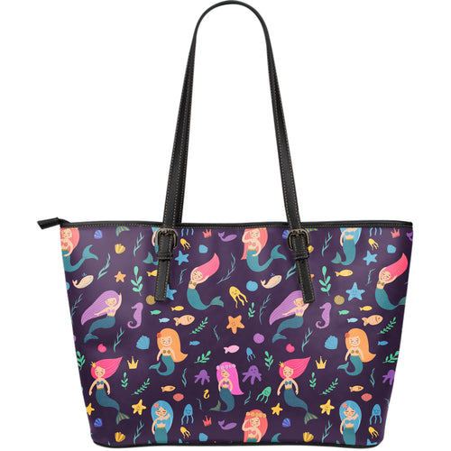 Beautiful Mermaid Fish Jellyfish Algae Other Marine World Large Leather Tote Bag